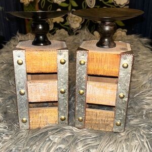 Set of 2 Distressed Wood & Metal Rustic   Industrial Accents Candle Holders